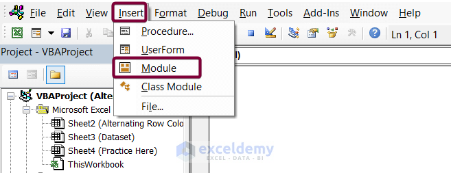 Open New Module to Color Alternate Row for Merged Cells in Excel