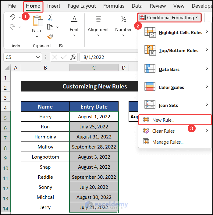 Launch New Rules for Conditional Formatting Dialog Box to Format Older Dates