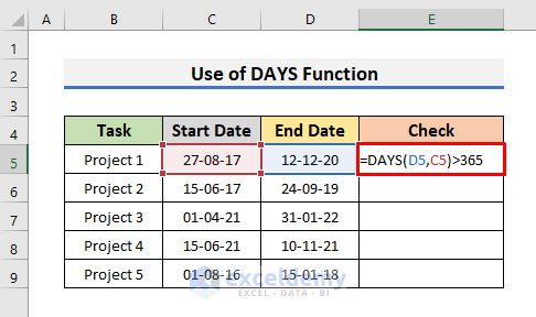 Check If Difference Between Two Dates Is Greater Than 365 Days with Formula in Excel
