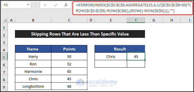 Skipping Points Rows That Are Less Than Specific Value Using Excel Formula