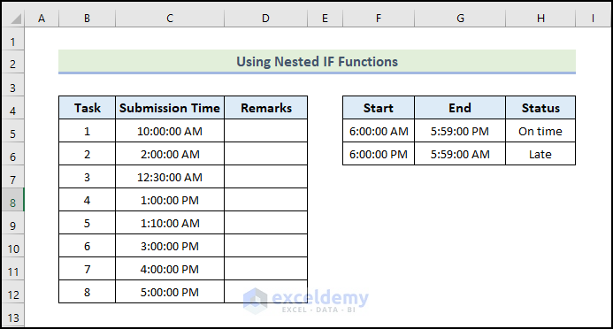 using Nested IF functions to Return Expected Value If Time Between Multiple Time Ranges in Excel