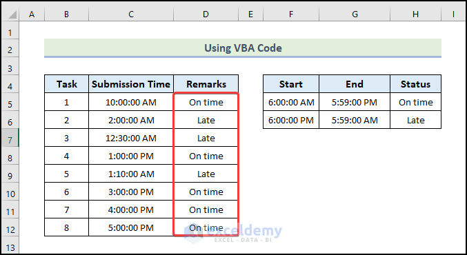 get the desired remarks column If Time Between Multiple Time Ranges in Excel