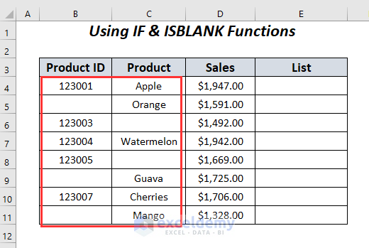 Using IF and ISBLANK functions to Skip to Next Cell If a Cell Is Blank in Excel