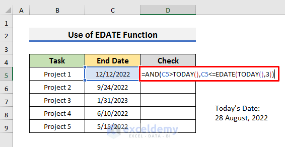 Apply Excel EDATE Function to Find If Date Is Within 3 Months
