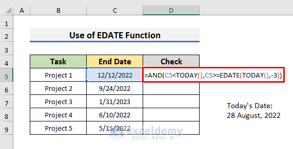 Apply Excel EDATE Function to Find If Date Is Within 3 Months