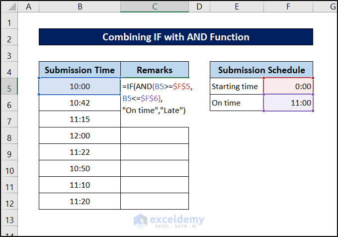 combination of if and and function to return value for time in a range excel