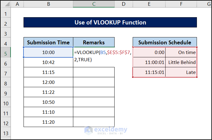 vlookup function to return value if time is in between range in excel
