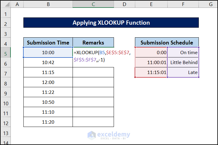 xlookup function to return value if time is between range in excel