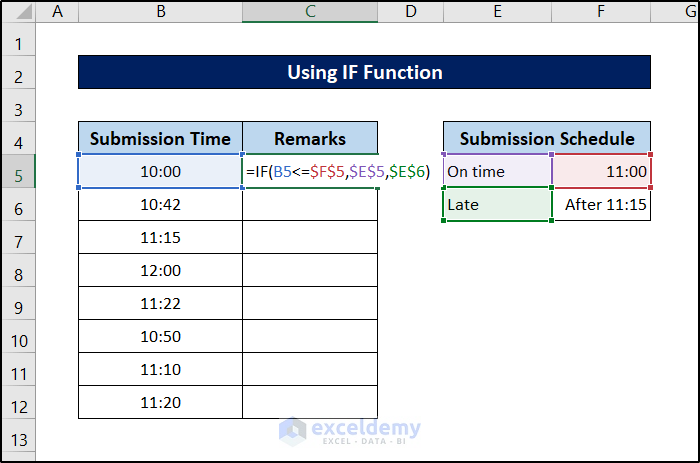 if formula to return value for time in a range in excel