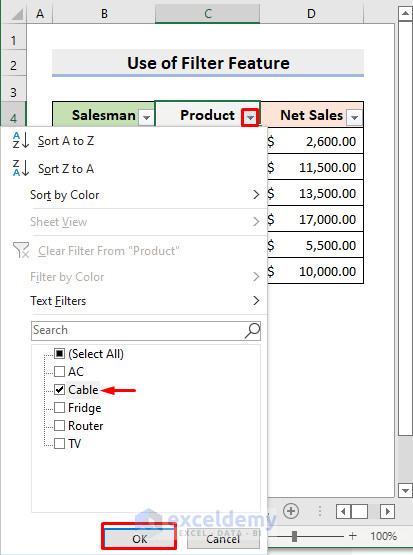 Apply Filter Feature in Excel to Move Row to Another Sheet Based on Cell Value