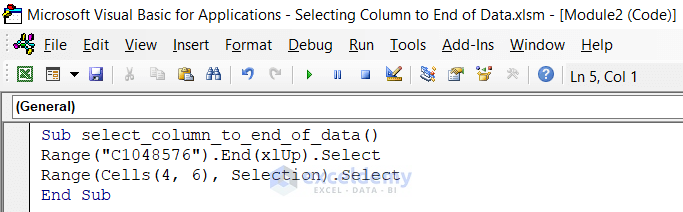 Inserting VBA Code to select column to end of data