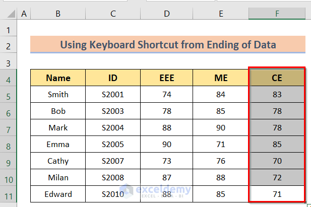 Pressing the Ctrl+Shift+Up Arrow buttons to select column to end of data