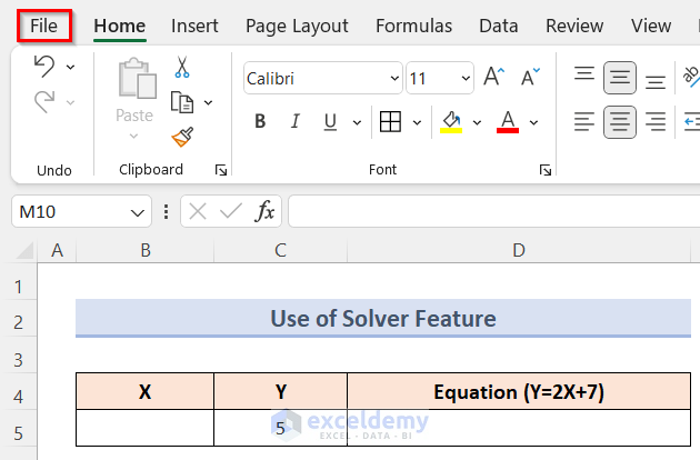 Use of Solver Feature to Solve an Equation for X When Y is Given in Excel