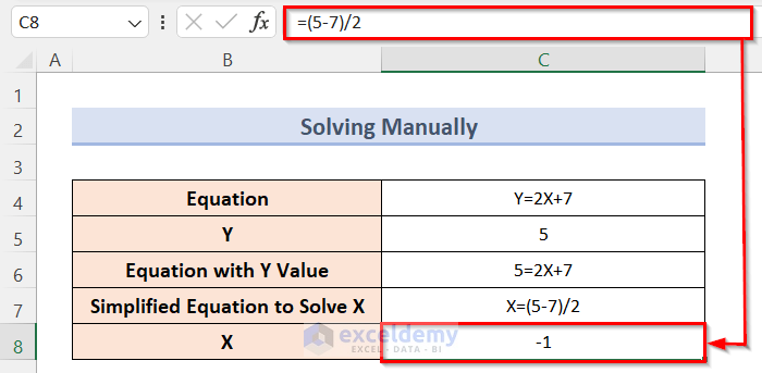 Using Formula to Solve an Equation for X When Y is Given in Excel