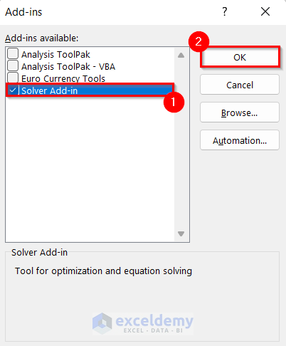 Adding Solver Feature on the ribbon to Solve an Equation for X When Y is Given in Excel