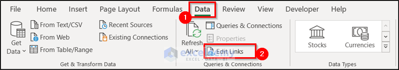 manually update links option in Excel