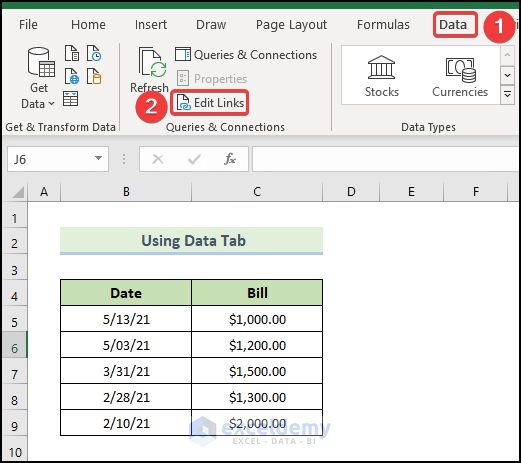 using Data tab to Update Links Without Opening File in Excel
