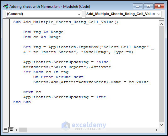 Applying Visual Basic for Applications Code