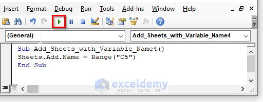 excel vba add sheet with variable name