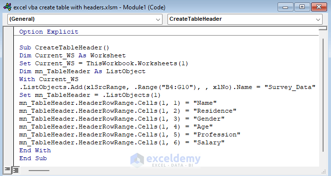 excel vba create table with headers