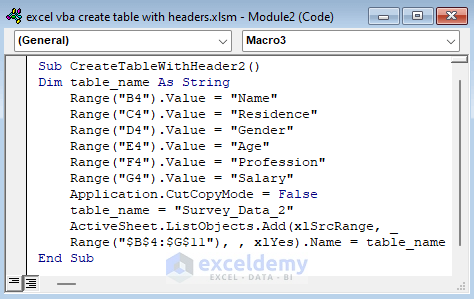 Creating Table with Headers Using VBA Value Property