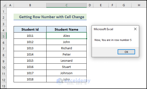 show the row number of the selected cell