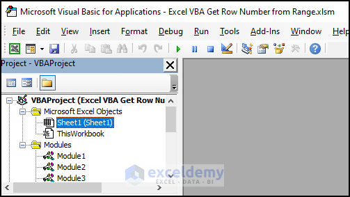select Sheet1 from the Microsoft Excel Objects section