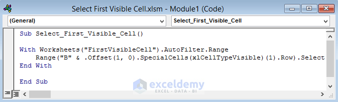 Use Sheet Name to Select First Visible Cell in Filtered Range with Excel VBA