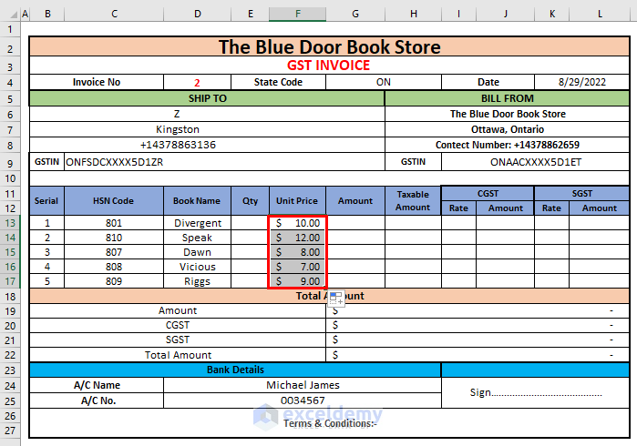 Applying Excel Formula to Create GST Bill Format in Excel with Formula