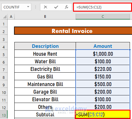 SUM function for gst invoice