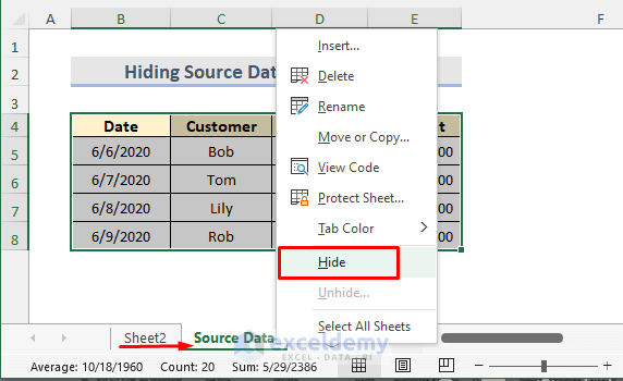 Step by Step Procedures to Hide Source Data in Excel Pivot Table