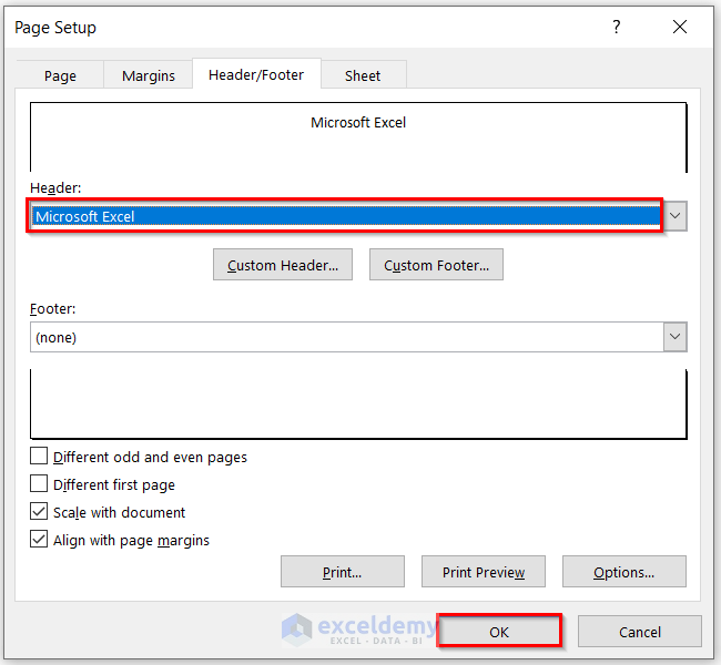 Apply Page Setup Dialog Box to Insert Header in Excel