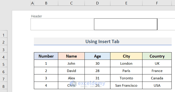 Use Insert Tab to Add Header in Excel