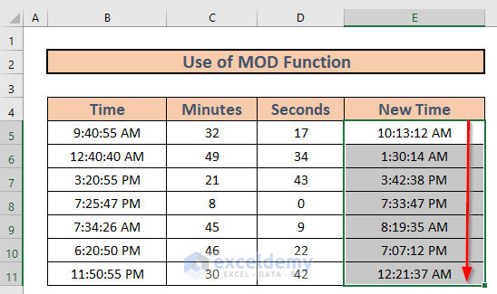MOD function to add minutes and seconds in excel