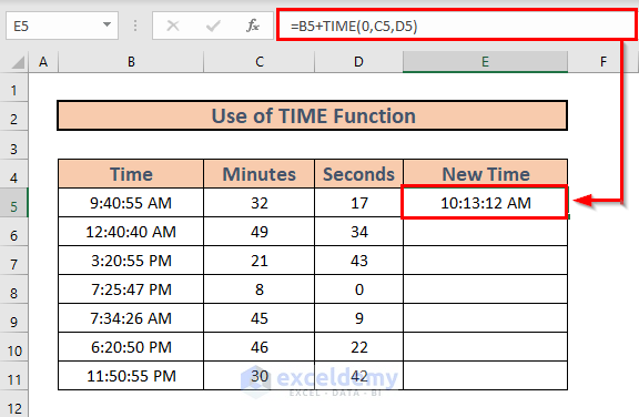 TIME function to add minutes and seconds in excel