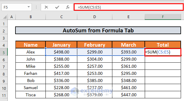 AutoSum from Formula Tab