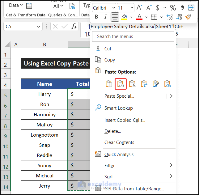 Use of Value Option from Context Menu to Break External Data Links