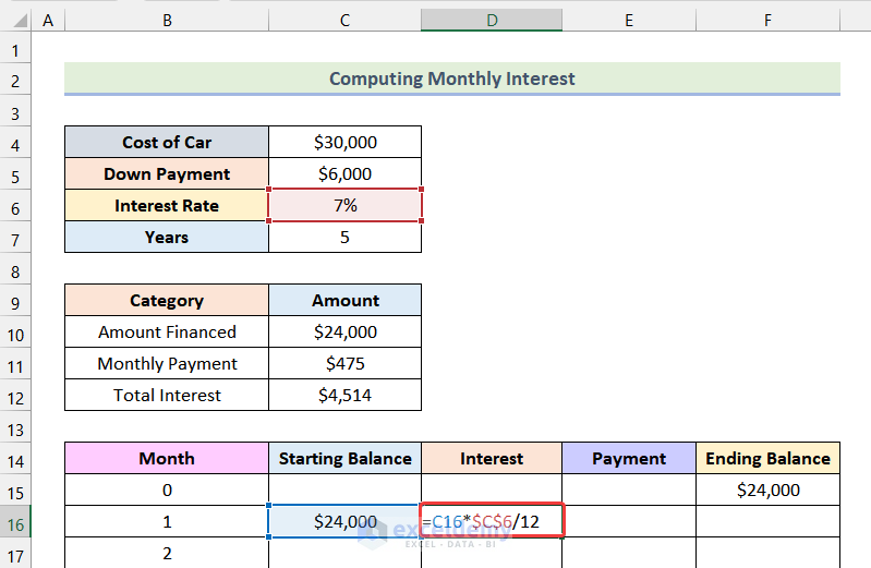 Determining Monthly Interest to Calculate Car Payment in Excel