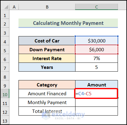 Computing Total Payable Interest to Calculate Car Payment in Excel