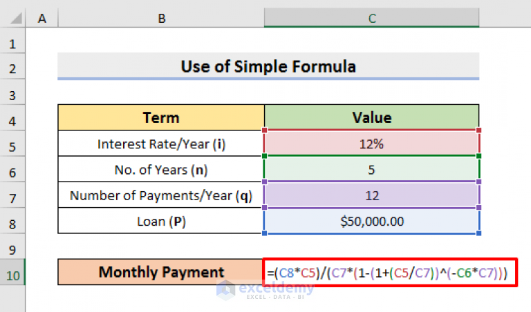How To Calculate Monthly Payment On A Loan In Excel 2 Ways 