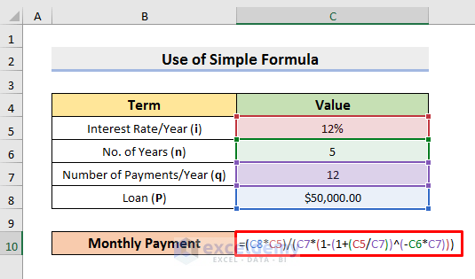 Determine Monthly Payment on a Loan Using Simple Formula in Excel