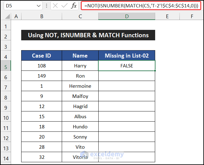 Using NOT, ISNUMBER and MATCH Functions to Compare Two Excel Sheets to Find Missing Data