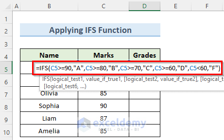 Applying IFS Function in Excel to Compute Grades