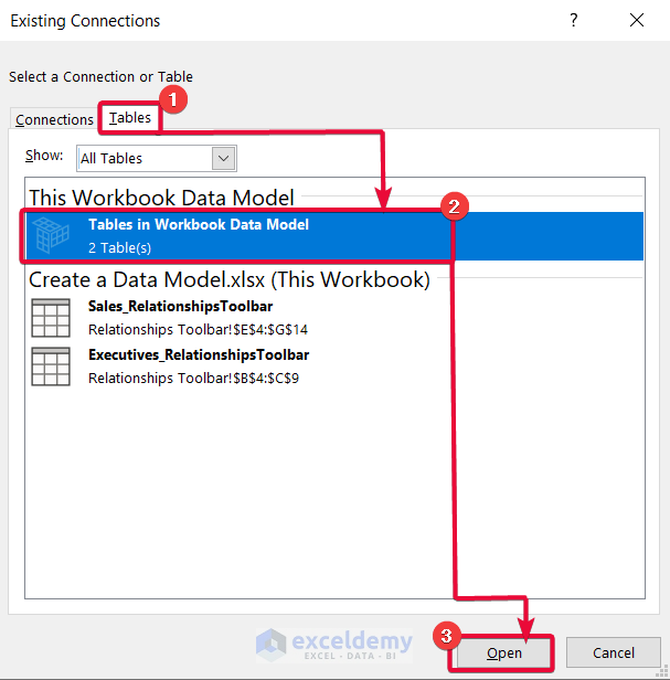 Selecting Existing Connections to Create a Data Model in Excel