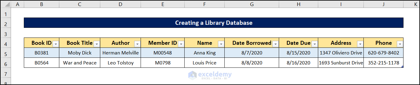 how to create a library database in excel