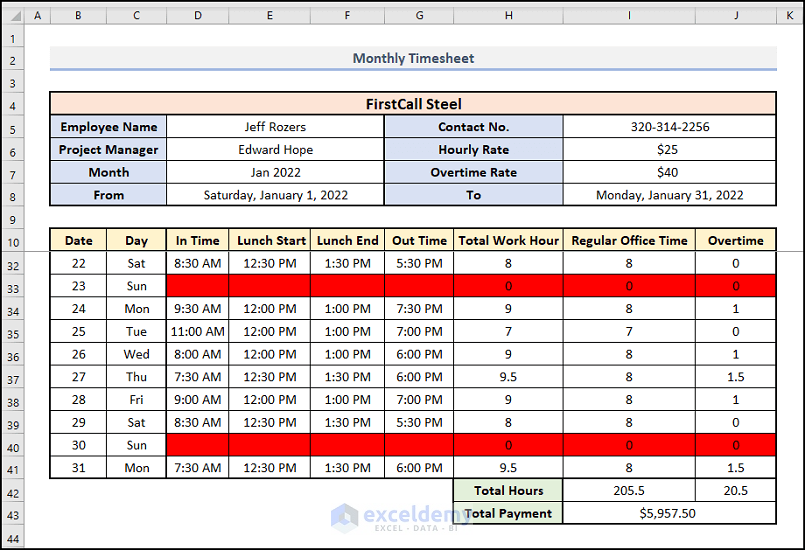 Functional Time Sheet Example How to Create a Monthly Timesheet in Excel (with Easy Steps)