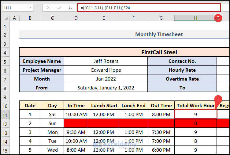 Calculate Total Work Hours of Monthly Timesheet in Excel