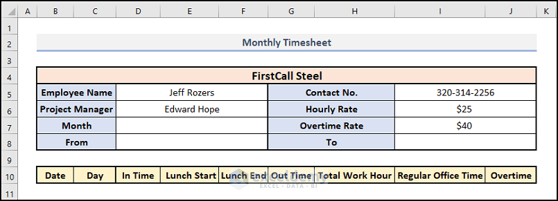 Create Basic Outline of the Monthly Timesheet in Excel