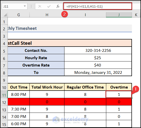 Determining Regular and Overtime Hours to Create Monthly Timesheet in Excel