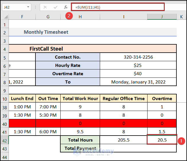 Computing Overtime Hours of Monthly Timesheet in Excel
